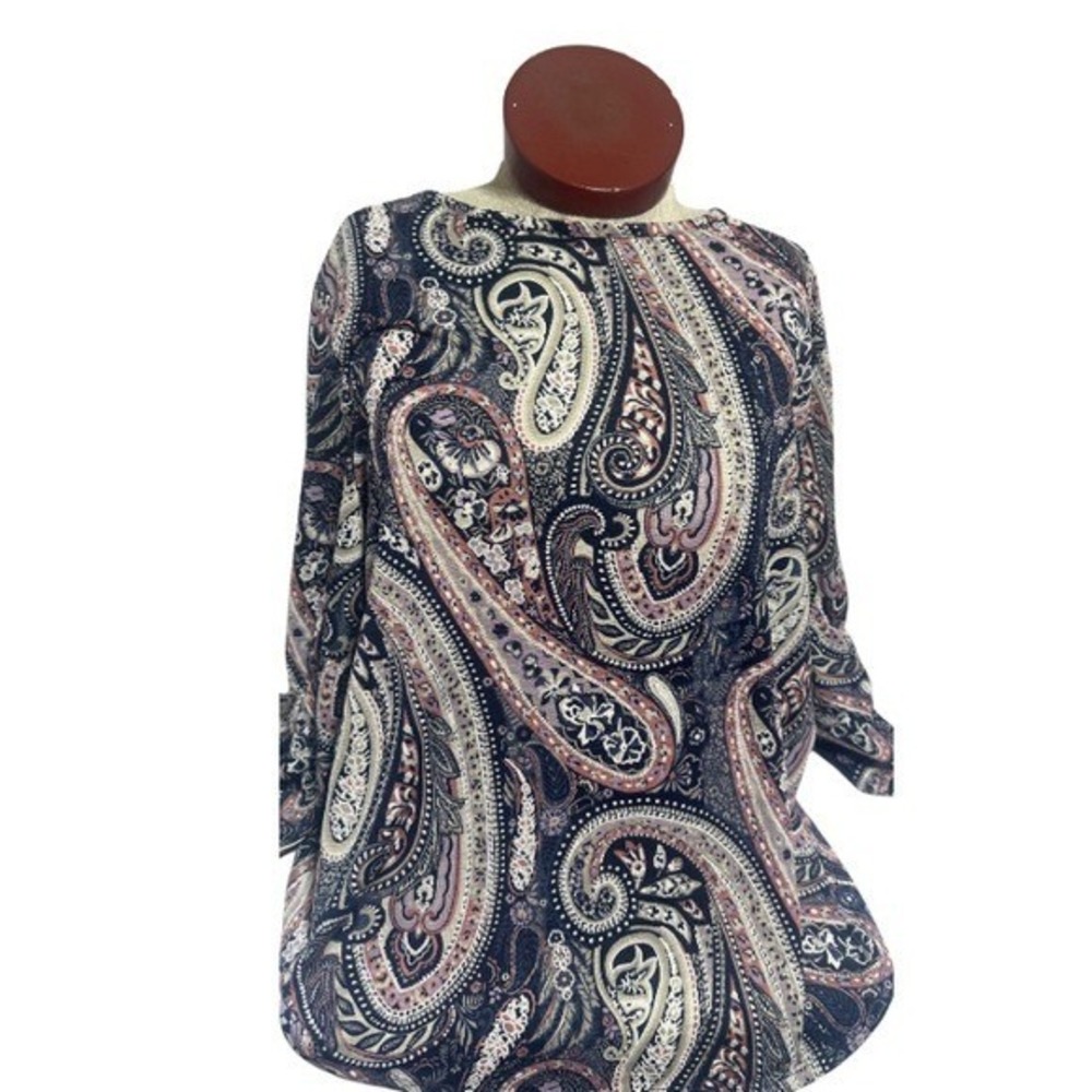 EST 1846 Paisley Print 3/4 Tie Sleeve Blouse Navy Mauve Plus Size 14W 16W